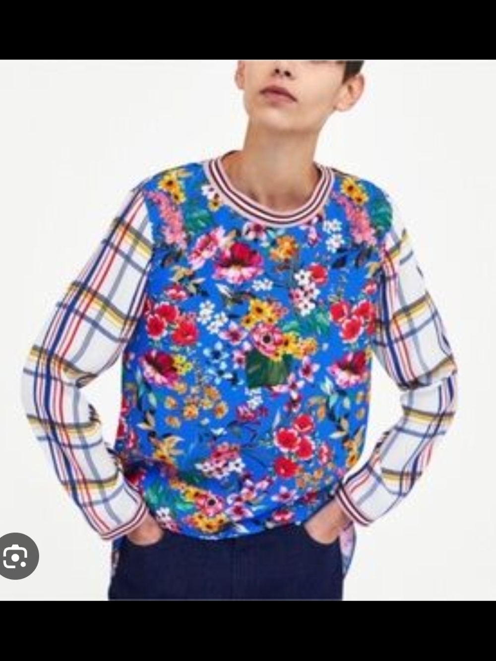 Zara Women’s Vibrant Floral Print Long Sleeve Top Contrasting Plaid Sleeveless M